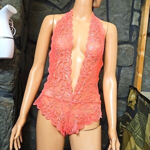 Pink Lace Deep V-neck Halter Bodysuit Lingerie